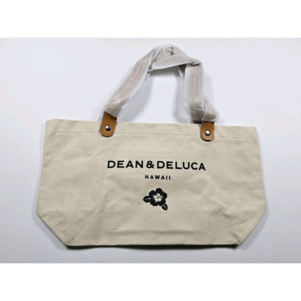 Dean & Deluca Hawaii Lightweight Canvas Ivory Leather Handles Small Tote Bag